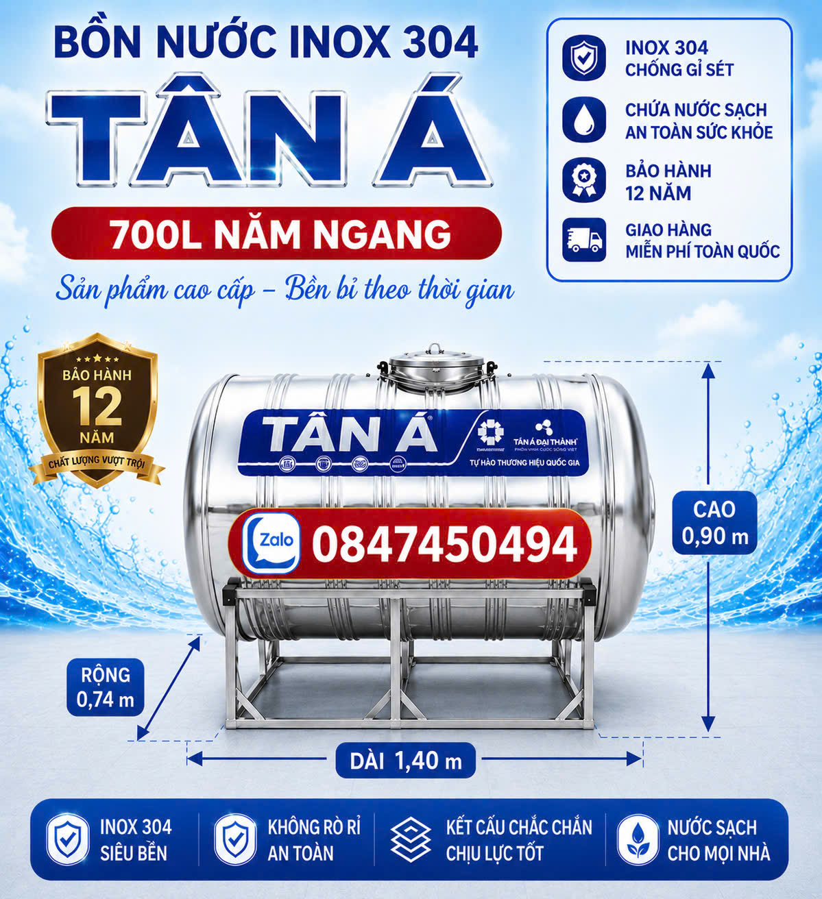 BỒN NƯỚC INOX 304 TÂN Á 700L NẰM NGANG 0.7 khối nằm 700 lít nằm Tân Á Đại Thành Téc inox 700L ngang inox 304 Tân Á Đại Thành giao miễn phí Toàn Quốc